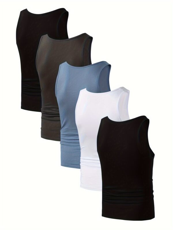 5-Pack Men'S Cotton Tank Tops, Breathable Crew Neck Vests, Casual Solid Color All-Season Knit Fabric Tops, Medium Stretch Regular Fit Undershirts - 100% Cotton, 160g/m² - Image 2
