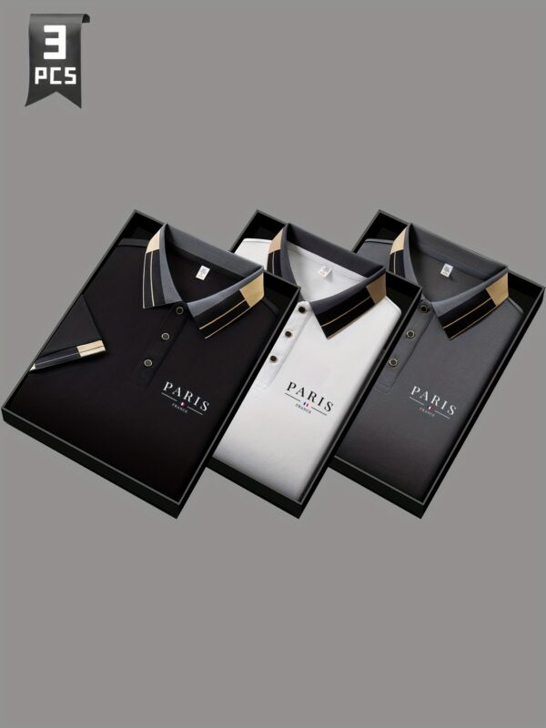 3pcs Men'S Summer Solid Color Knit Button Classic Stand Collar Polo Shirt, Paris Letter Print, Simple Paul Polo Shirt, Suitable for Outdoor Golf Sports and Casual Daily Wear, Soft Texture Fabric, Men'S Gift - Image 2