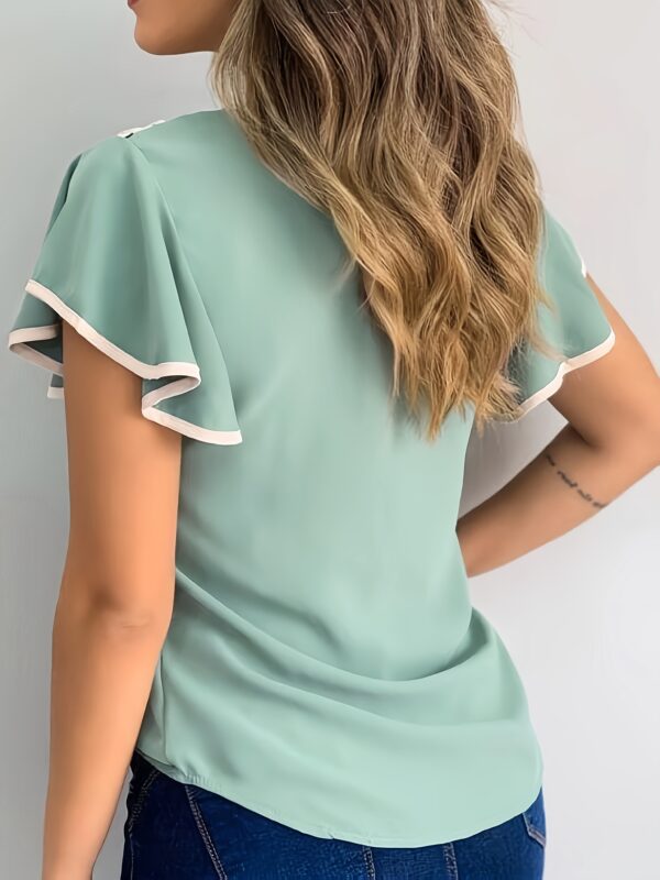 Women'S Elegant V-Neck Blouse with Contrast Trim - Chic Short Sleeve, Button-Up Shirt in Navy Blue & White Patchwork, Perfect for Summer Fashion - Image 6