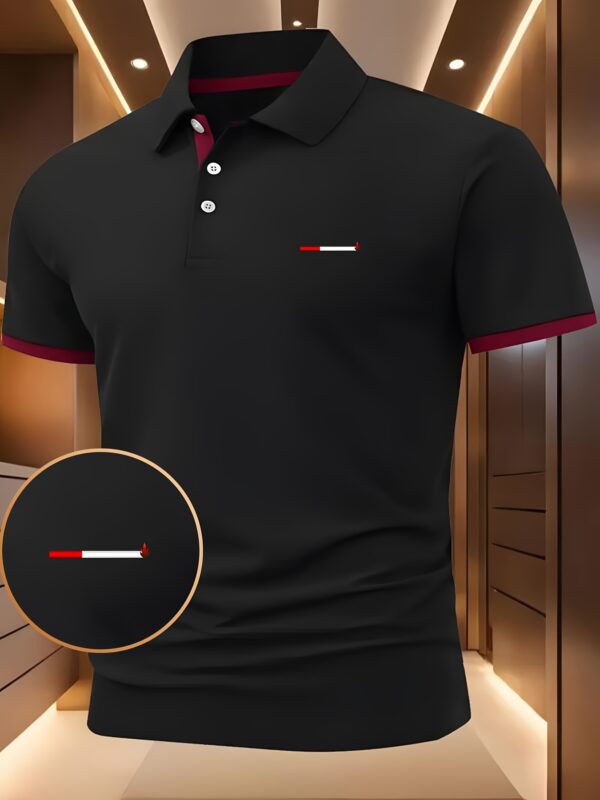 Men'S Navy Blue Geometric Print Polo Shirt - Casual Short Sleeve with Red Trim, Button-Up Collar, Lightweight & Breathable for Summer Outdoor Activities, Summer Casual Wear | Geometric Pattern Shirt | Comfortable Fit - Image 3