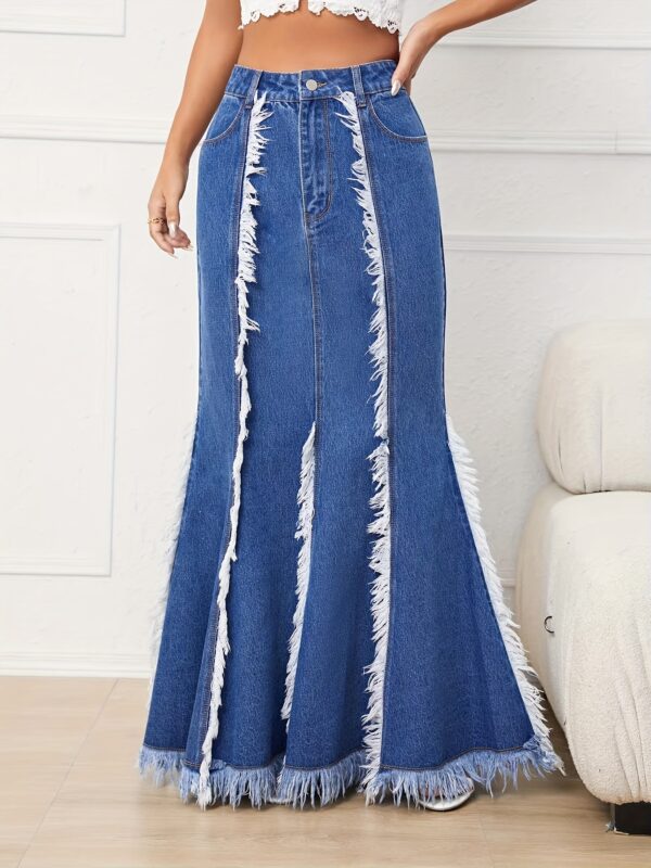 Elegant High Waist Fringe Trim Mermaid Denim Skirt, Raw Hem Long Maxi Jean Skirt with Solid Color Woven Fabric, Non-Stretch Cotton Blend for Spring/Summer/Fall - Maxi-Length Mermaid Tail Skirt - Image 3