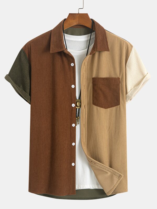 Men's Stylish Color Block Corduroy Button-Up Shirt with Chest Pocket - Short Sleeve, Olive Green & Beige Two-Tone Design, Casual Summer Wear for Everyday & Parties - Image 3