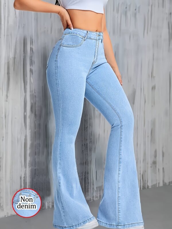 Women's Stretch Flared Imitation Denim Pants - Light Blue Washed Slim-Fit Leggings, Machine-Washable All-Season Comfort, Elegant Flared Leg Design, Non-Transparent & Not Jeans, Comfortable Fashion, Stylish Flared Leggings, Durable Fabric Leggings, Versatile Bottoms, Slim Fit, Highquality Fabric, Trendy Women - Image 5