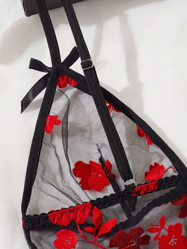 Valentine'S Day Women'S Sheer Sexy Mesh Lace Trim, Fashionable Sexy Design, Briefs Included, Two-Piece Set, Briefs Outfit|Floral Pattern Top|Sexy Lingeri - Image 4