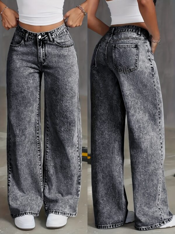 Women'S Fashion High-Waist Straight Leg Jeans, Casual Denim Cotton Blend, Medium Stretch, Solid Color, with Snowflake Wash, for All-Season Woven Pants
