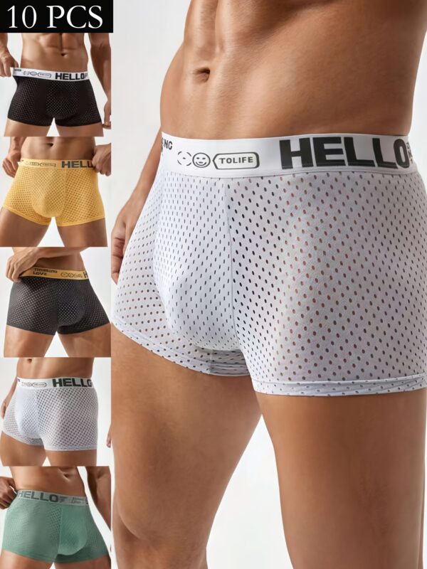 Pack of 10 Men's mesh flat corner underwear, hello letter waistband, solid color mesh hollow design, full sense of style, very breathable and comfortable, suitable for summer wear