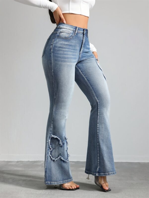 Women'S High-Waist Stretch Denim Jeans with Vintage Butterfly Embroidery - Casual Flared Leg, All-Season Wear, Geometric Pattern, Fashionable Retro Design - Image 3