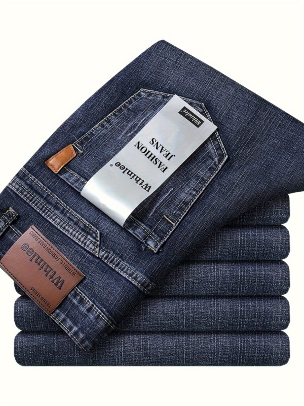 1pc Men'S Classic Denim Jeans - All-Season Stretch Regular Fit Solid Color Washed Basics, 64.5% Cotton, 33.5% Polyester, 2% Spandex, Woven Fabric, Casual Business Work Pants - Image 2