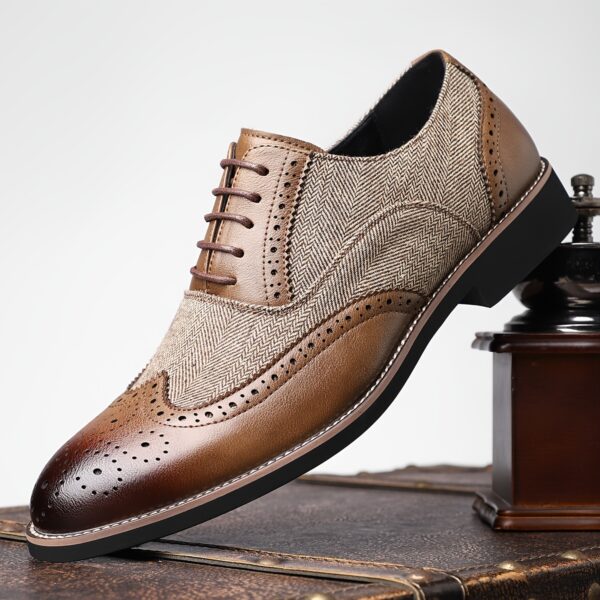 Men'S Vintage Business Casual Shoes - Low-Top Lace-Up Dress Shoes with Pointed Toe, Faux Upper & Inner, Rubber Sole & Insole, Beige & Brown Striped Design for Daily & Professional Wear, Classic Dress Shoes, Fabric Lined Interior - Image 2