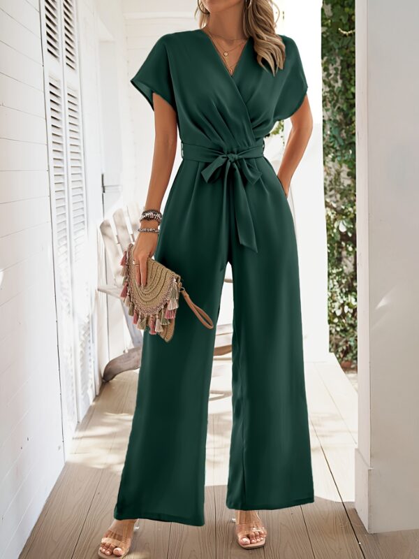 Surplice Neck Short Sleeve Jumpsuit, Elegant Solid Tie Waist Wide Leg Jumpsuit For Spring & Summer, Women's Clothing