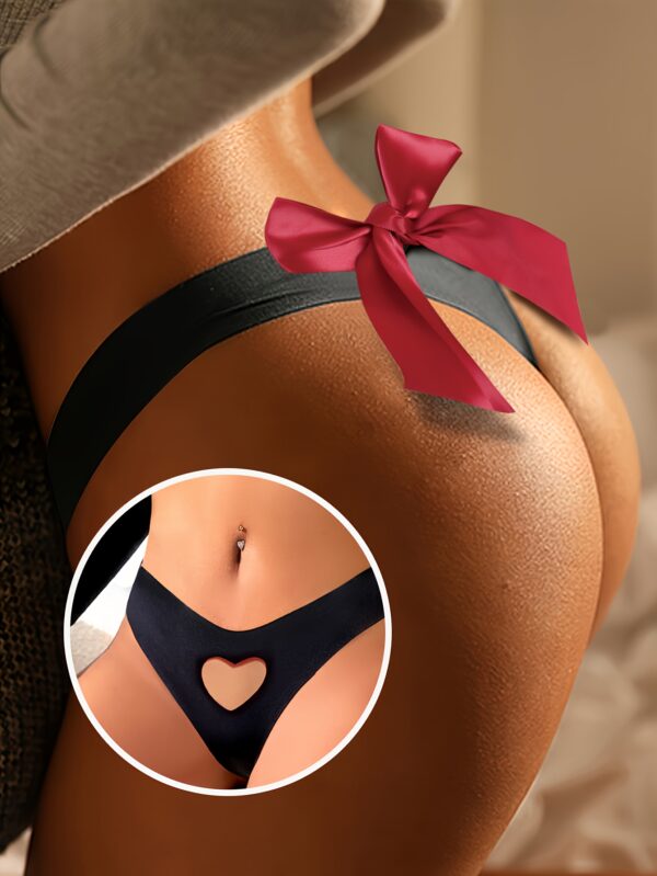 Women'S Sexy Black Thong with Heart Cut-Out & Large Red Bow - Lace Trim, Adjustable Back Strap, High-Quality Fabric for Casual Attire, Casual Attire Thong | Elegant Lingerie | Adjustable Thong