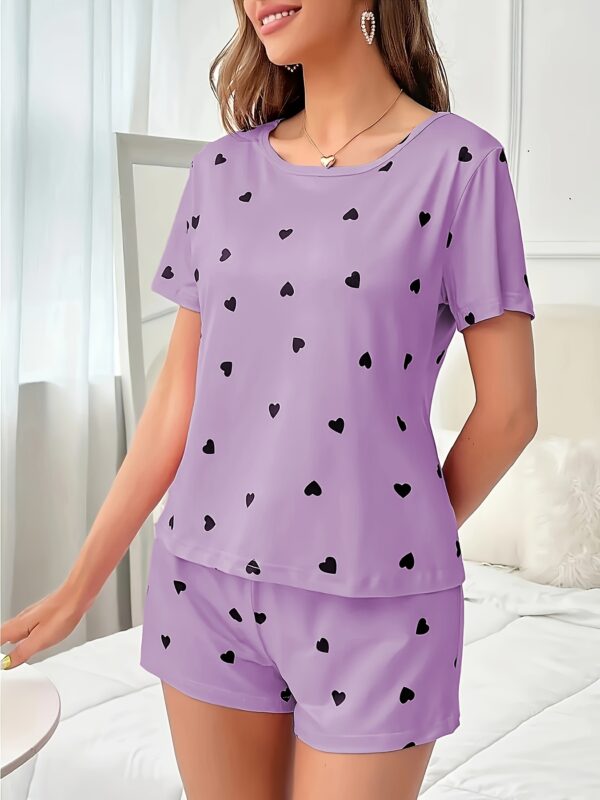 Women'S Elegant Pink Heart-Print Shorts Pajama Set - Polyester Knit Fabric, Short Sleeve Top & Shorts with Elastic Waistband, Perfect for All Seasons, Adult Sleepwear|Elegant Sleepwear|Polyester Fabric - Image 24