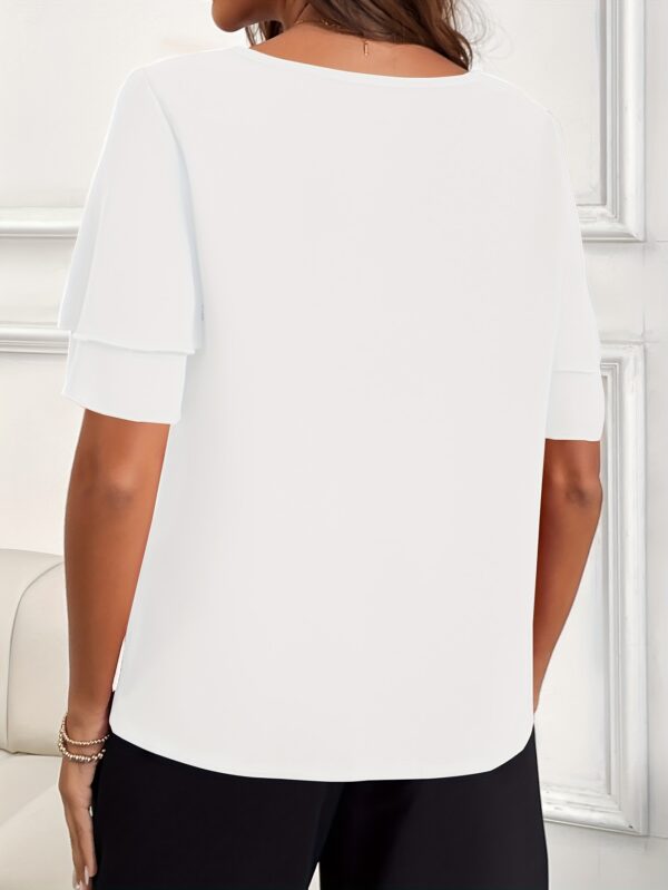 Solid Color Keyhole Blouse, Elegant Crew Neck Short Sleeve Top For Spring & Summer, Women's Clothing - Image 9