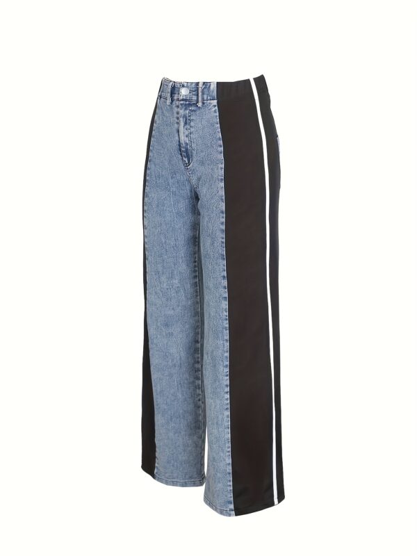 Tall Women's High-Waisted Wide-Leg Jeans - Color Block Striped Stretch Denim Pants with 10% Spandex, Straight-Leg Machine Washable Casual Elegant Trousers for All Seasons - Image 9