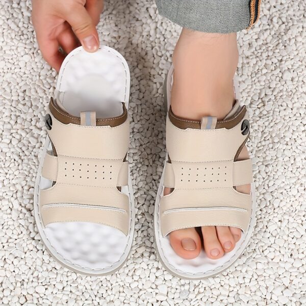 COMFIDAILY Men's Slip-On Sandals - Quick-Dry Non-Slip Beach Shoes, Lightweight Indoor/Outdoor Slippers with Cushioned PU Sole - Beige/White Accents for Pool, Bathroom, Travel - All-Season Slip-Ons for Men, Sleek Strap Design, Durable Footbed Support - Image 6