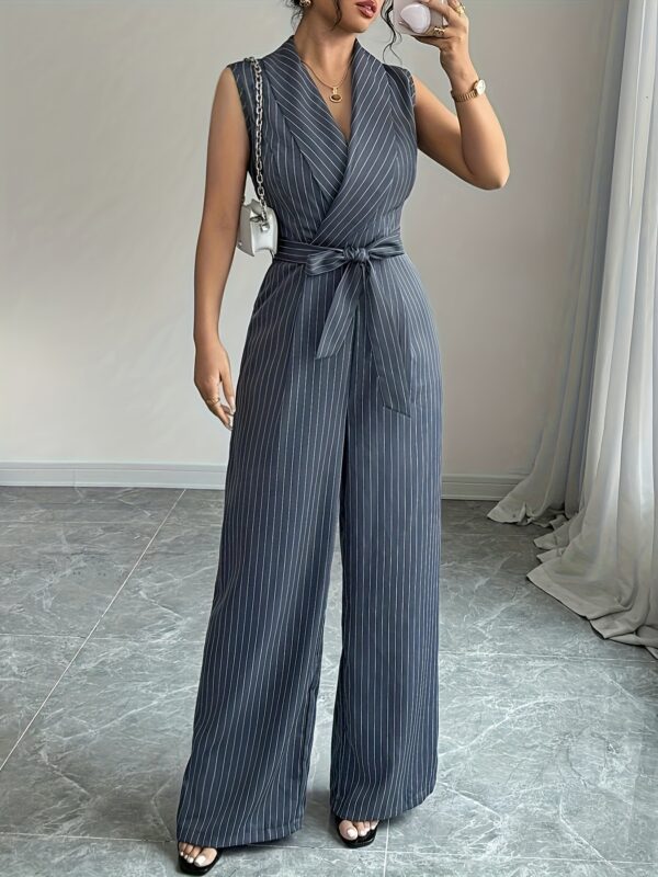 Elegant Striped Sleeveless Jumpsuit for Women - V-Neck, Belted Waist, Wide-Leg Pants, Casual Yet Chic Summer Outfit, White with Black Stripes, Belted Waist Jumpsuit - Image 2