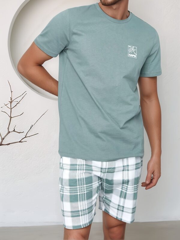 Spring, Summer, and Autumn Men's Fashion Casual Pajama Set with Plaid Print Pants, Polyester Blend, Comfortable Short Sleeve and Shorts Two-Piece Set - Image 2