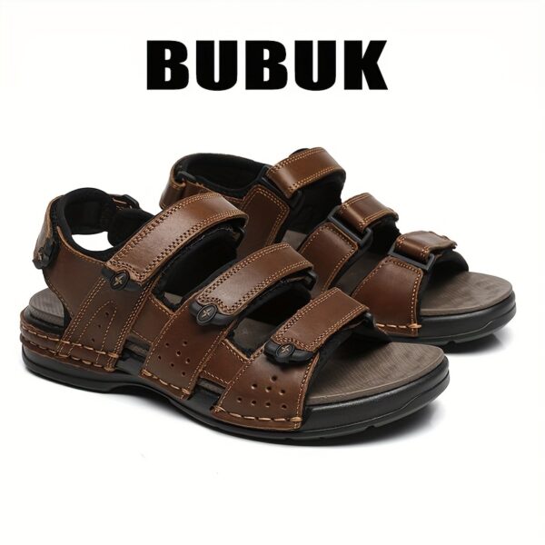 BUBUK Men'S Genuine Cow Faux Leather Sandals - Adjustable, Non-Slip, Comfortable Summer Beach Shoes with Soft Sole, Open Toe Design in Brown, All-Season Wear - Image 3