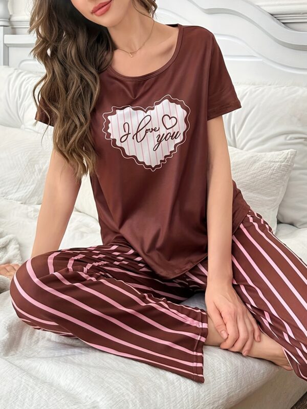 Chic Love Heart Print Women'S Pajama Set - Casual Short Sleeve T-Shirt & Long Pants, Comfy Polyester Sleepwear for Adults, All-Season Loungewear