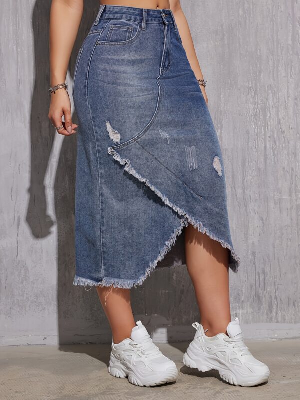 Women's Stylish Frayed Denim Midi Skirt - Casual Washed Blue with Tassel Detail, High-Waisted Bodycon Cut, Rayon/Polyester Blend, Perfect for Spring/Summer/Fall, Denim Skirt - Image 3