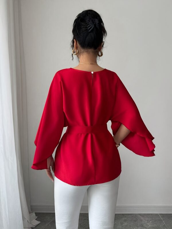 Women's French Style Batwing Sleeve Blouse with Adjustable Waist Tie - Shiny Red Round Neck Loose Fit Top, Machine Washable Elegant Shirt for Spring/Summer Casual & Formal Wear, Summer Fashion, Frenchinspired Design, Nontransparent Fabric - Image 2