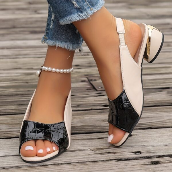 Women's Stylish Open Toe Sandals - Black & Crocodile Pattern Chunky Heel Shoes, Mid-Height Summer Casual Wear with Rubber Sole, Strappy Sandals - Image 31