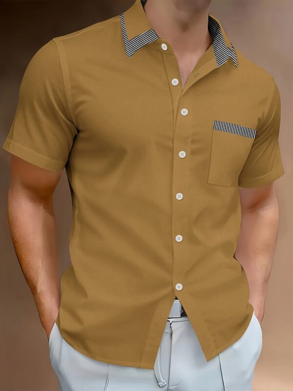 Men's Slim Fit Lightweight Business Casual Shirt with Collar, Short Sleeves, and Chest Pocket - Summer Wear in Beige with Gray Accents