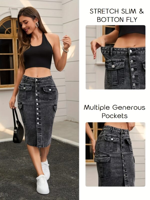 Women'S Stretch Slim Denim Skirt - Mid-Rise, Button-Front, Multi-Pocket, Knee-Length, Casual & Commuter Style, Solid Gray, Spring/Summer/Fall, Casual Attire | Buttonfront Skirt | Medium Waistband, High Waisted Skirt