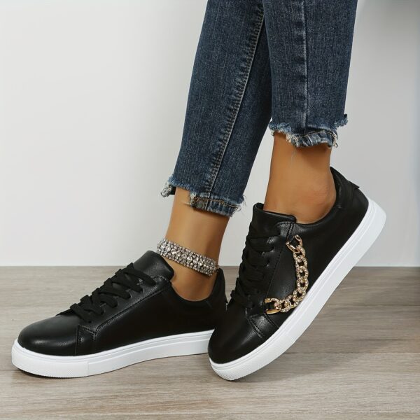 Women's Low-Top White Sneakers with Golden-Tone Chain Accents - Upper, Breathable Mesh Lining & TPR Sole - All-Season Casual Shoes for Casual Attire, Ladies Sneakers, Versatile Footwear, Trendy Footwear, Comfortable Fit, Urban Lifestyle - Image 8