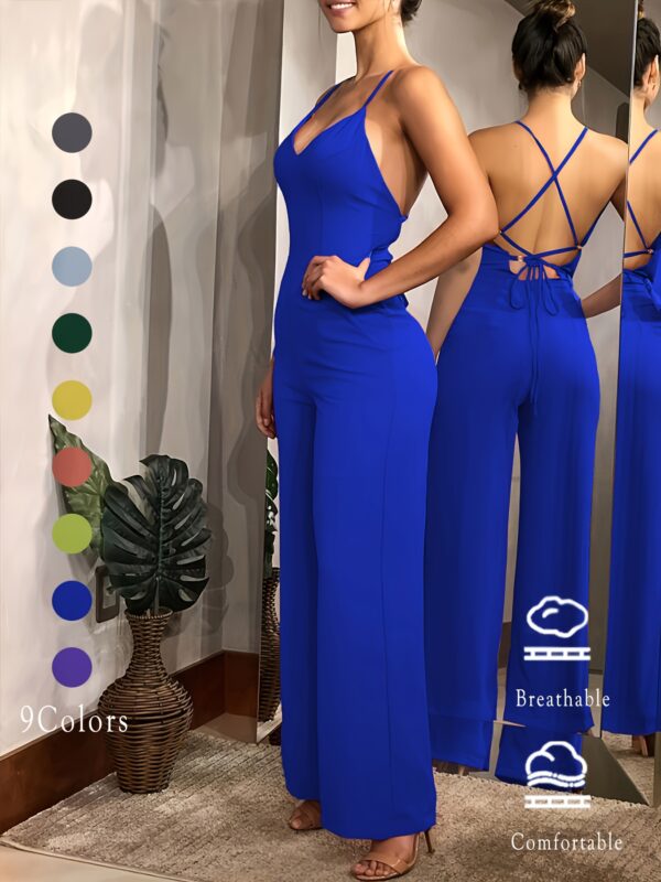 Cross Tie Back V-neck Jumpsuit, Sexy Solid Backless Jumpsuit For Spring & Summer, Women's Clothing - Image 7
