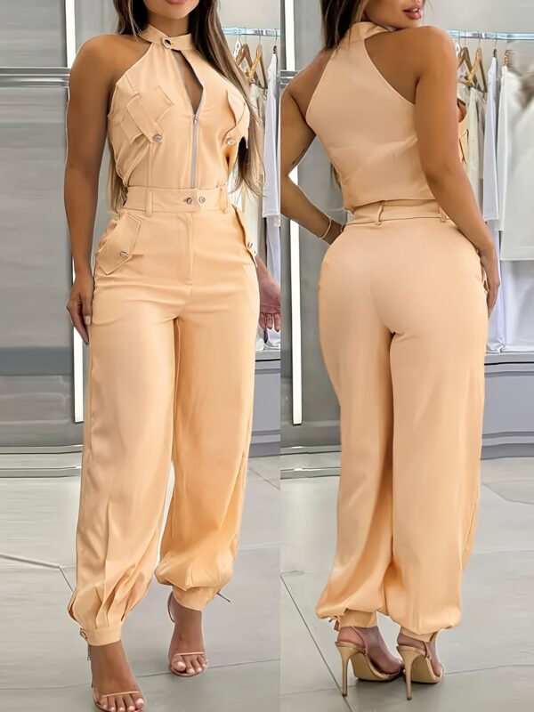 Women'S Casual Beige Jumpsuit with Zipper Detail - Sleeveless, Wide-Leg, High-Waisted, Polyester, Spring/Summer Fashion, Casual Attire|Zipper Detail Jumpsuit|Polyester Fabric - Image 5