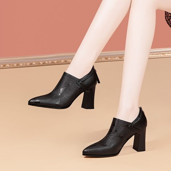 Women'S Elegant Chunky Heel Pumps - Pointed Toe PU Cover Dress Shoes with Ankle Strap, Black & Golden Accents, Comfortable Fabric Lining for All-Season Formal & Casual Wear, High Heel Shoes, Office Ready Footwear, Sophisticated Footwear, Durable Rubber Sole - Image 5