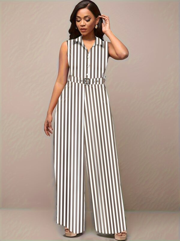 Women'S Elegant Orange & Black Geometric Print Jumpsuit with Belt - Stylish Wide-Leg Pants, High Neck, Long Sleeve, Perfect for Parties & Formal Events, Formal Attire|Geometric Print Jumpsuit|Polyester Fabric - Image 2