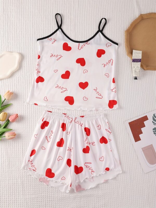 6pcs Women'S Pajama Set, Heart & Love Print, Sexy Spaghetti Strap Top with Shorts, Polyester Knit Fabric, All-Season Sleepwear for Adults - Image 7