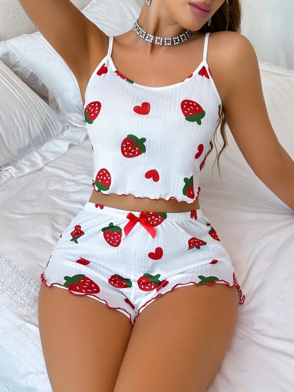 Strawberry Print Suspenders And Shorts Pajamas Set for Women Suitable for Summer