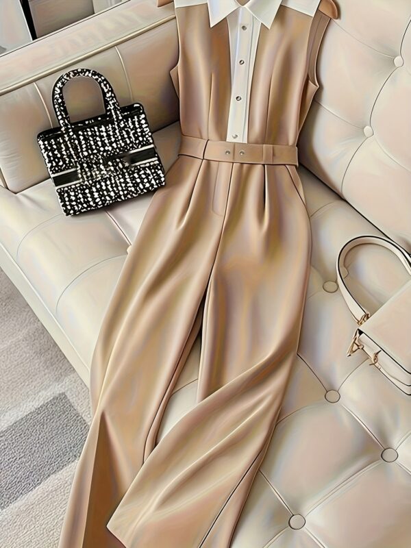 Elegant Khaki & White Contrast Jumpsuit with Lapel Collar and Wide Legs - Chic Adult Women'S Dress for Spring/Summer/Fall, Polyester Blend, Machine Washabl - Image 7