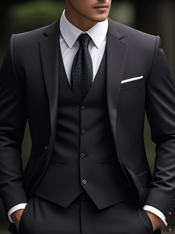 Men'S Slim Fit Three-Piece Black Suit with White Shirt and Patterned Tie - Perfect for Formal Events, Weddings, and Parties, Wedding Attire|Slim Fit Suit|Detailed Construction