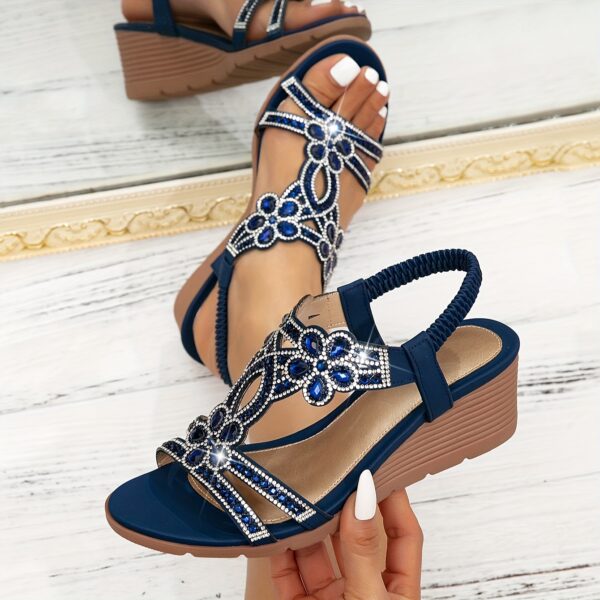 Vibrant Comfort | Bohemian Style Women's Rhinestone Wedge Sandals, Open Toe Platform Heel with Elastic Strap, Summer Beach Music Festival Slip-On Shoes, Man-Made Upper/Inner/Insole, TPR Sole, Beach Sandals | Toe Post Sandals | Decorative Sandals