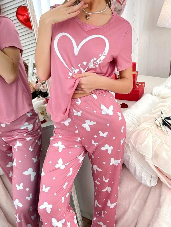Women'S Casual Love Heart & Butterfly Print Short Sleeve Pajama Set - Pink Polyester Blend, Perfect for All Seasons, Allseason Pajamas|Playful Print Design|Polyester Fabric