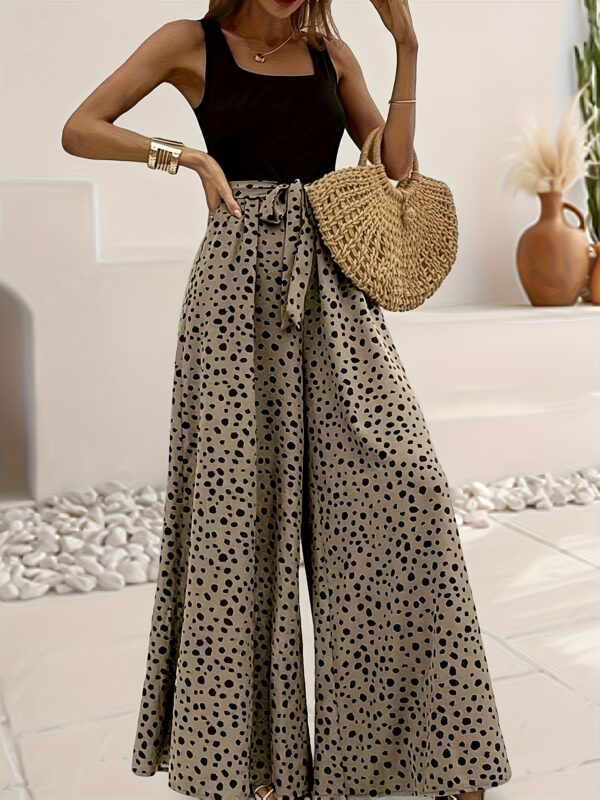 Women'S Sleeveless Wide-Leg Jumpsuit with Tie Waist - Green Polka Dot Print, Square Neck, Flowy Design for All Seasons, Polyester Fabric, Casual Chic Style, Wide Leg Pants for Mature Wome - Image 6