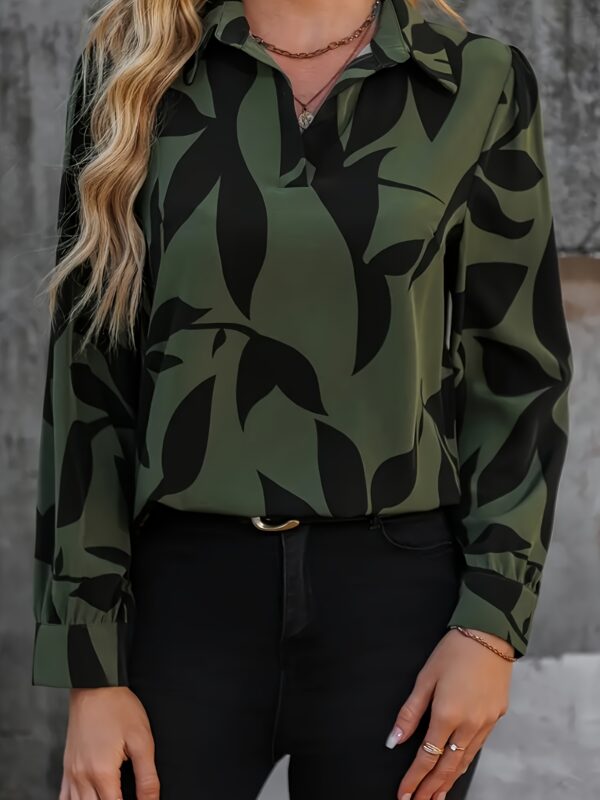 Women's Elegant V-Neck Long Sleeve Blouse - Black & Beige Geometric Print, Machine Washable Regular Fit Shirt for Spring Summer Fall, Office & Casual Wear, Smooth Texture Fabric, Work Attire, Classic Design, Durable Construction, Buttonup Top, Professional Women - Image 10
