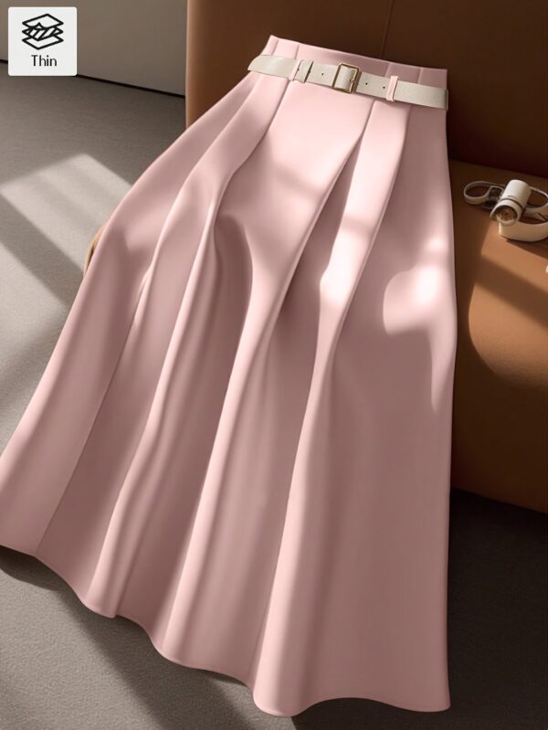 Women's Elegant Belted A-Line Midi Skirt - Adjustable Waist with Decorative Buckle, Flared Hem, Solid Color, Machine Washable for Spring Summer Fall, Casual Chic Wear, Smooth Fabric Finish