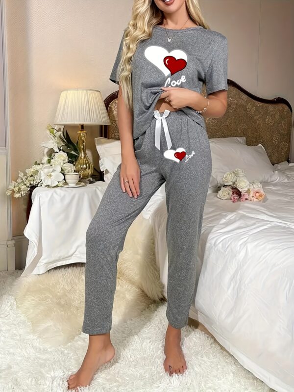 3pcs Women's Spring and Summer Pajama Set - Simple Heart Print Round Neck Short Sleeve Top with Bow Elastic Waist Shorts & Long Pants, Comfortable Casual Home Wear Outfit - Image 28