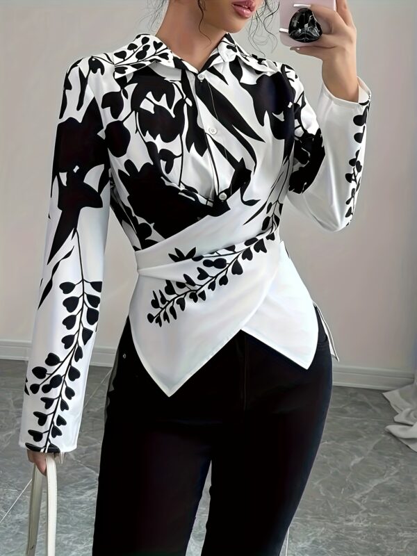 Women's Elegant 3D Floral Print Cross-Tie Blouse - Square Neck Long Sleeve Shirt, Machine Washable Non-See-Through Fabric for Spring Summer Fall, Casual & Formal Wear, Floral Print Blouse, Seasonal Fashion Top, Singlesided Button Closure - Image 2
