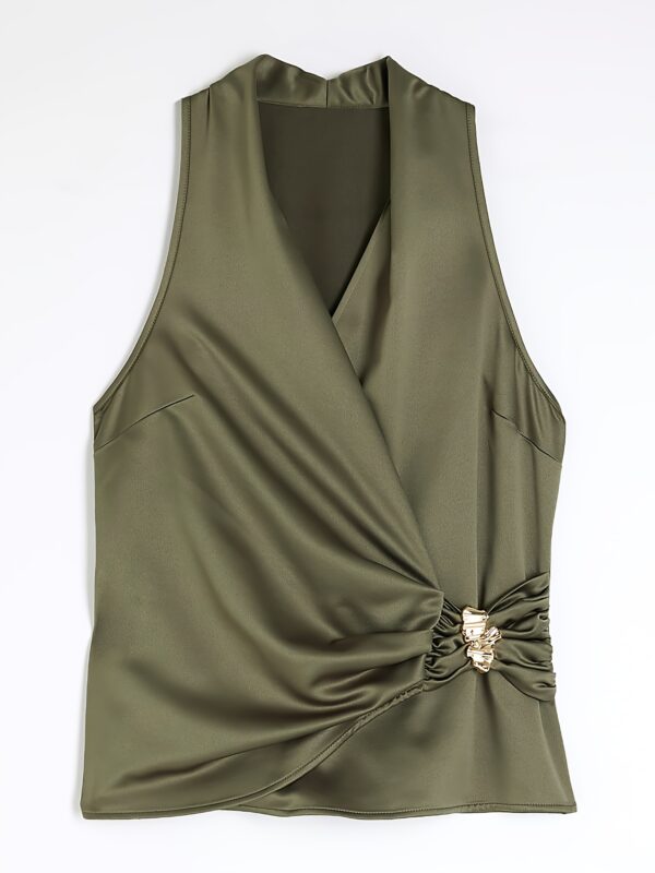 Olive Green Sleeveless Cross-Twist Top with Wide-Leg Pants Commuter Set Featuring Slant Pocket Detail - Image 10
