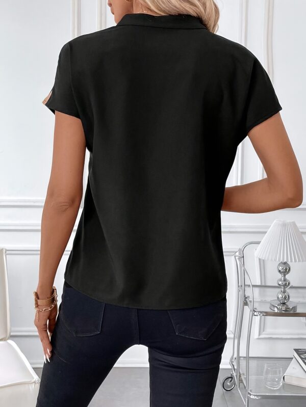 Striped Print Color Block Blouse, Casual Notched Neck Short Sleeve Blouse For Spring & Summer, Women's Clothing - Image 7