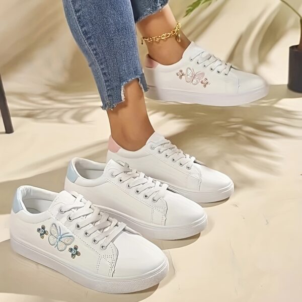 Ladies Butterfly Casual Sports Shoes, White Low-Top Lace-Up, Colorful Butterfly Pattern, Round Toe, Synthetic Upper, Plastic Sole, Non-Woven Fabric Insole and Inner Material, with Hand Wash or Professional Dry Clean Operation Instruction, for All-Season, Casual Wear - Image 2