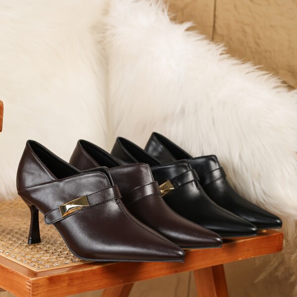 1 Pair Elegant Solid Color Ankle Boot Dress Shoes for Women - Spring 2024 Collection, Pointed Toe Slip-On High Heel Stiletto Pumps with Metal Accent, All-Season Dress Footwear - Image 2