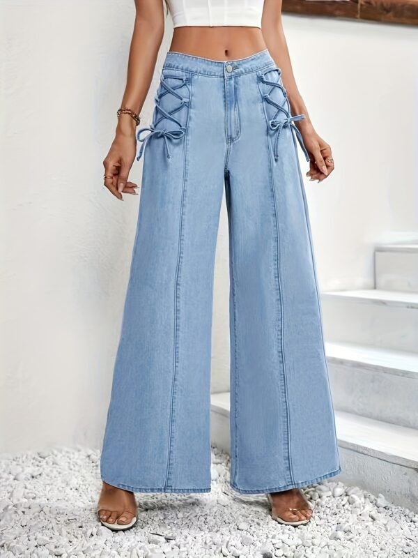Women'S High-Waist Wide-Leg Jeans with Front Tie-Up Detail - Stretch Denim, Light Blue, Casual Style, Perfect for All Seasons, Comfortable Fashion|Casual Style Jeans|Front Tie Detail - Image 3