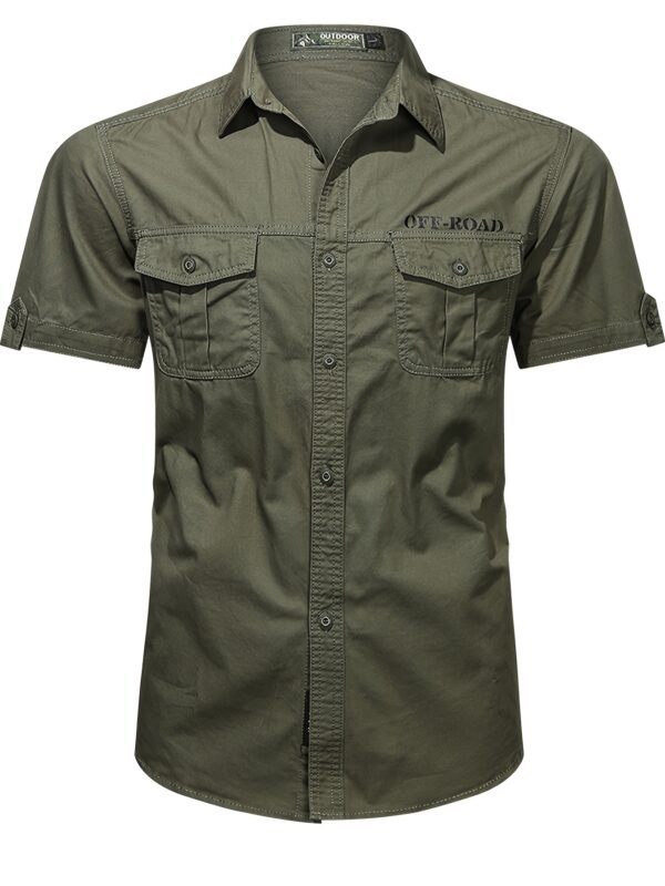 Men'S Cotton Solid Short Sleeve Shirt, Casual Lapel Collar Button Up Top with Multi Pockets, Summer Outdoor Leisure Wear - Image 4